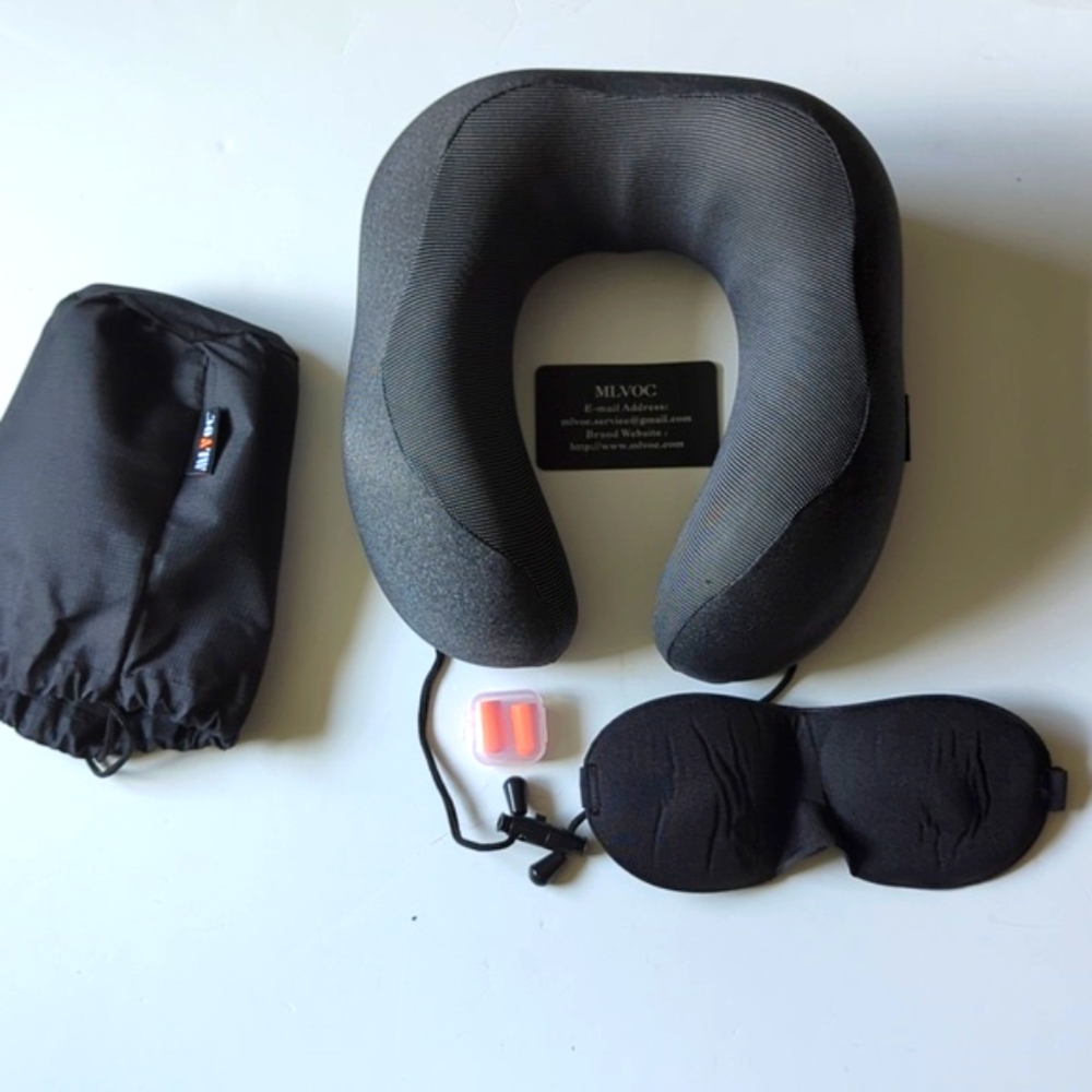 MLVOC Memory Foam Neck Pillow Travel Kit in Gray New